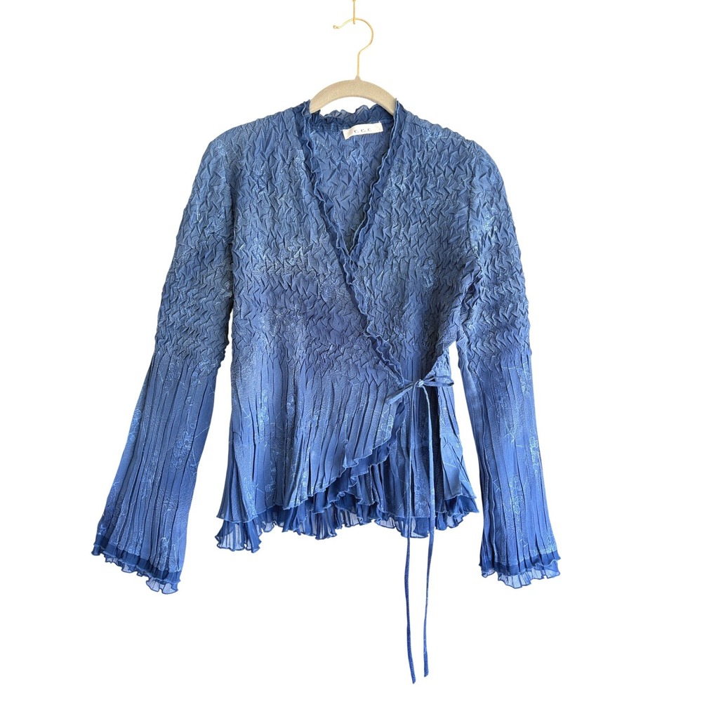 y2k VTG C.C.C. Blue Crinkle Pleated Wrap Blouse Ruffle Trim Top Fairycore S/M